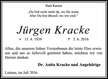 Traueranzeige von Jürgen Kracke von SYK