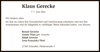 Traueranzeige von Klaus Gerecke von SYK