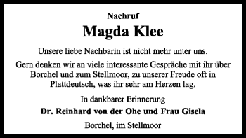 Traueranzeige von Magda Klee von SYK