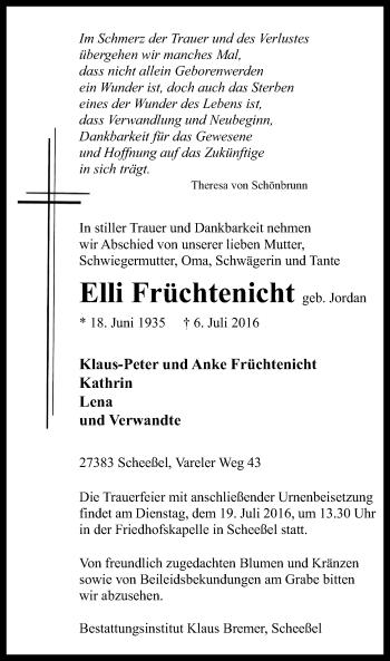 Traueranzeige von Elli Früchtenicht von SYK