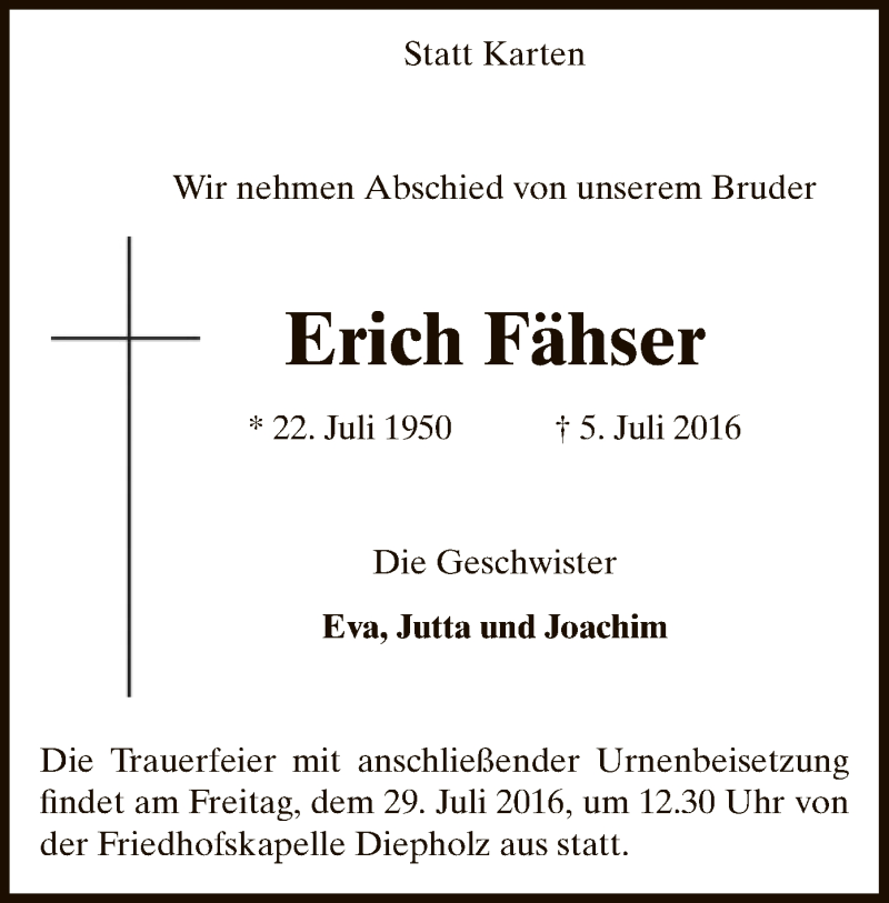  Traueranzeige für Erich Fähser vom 23.07.2016 aus SYK