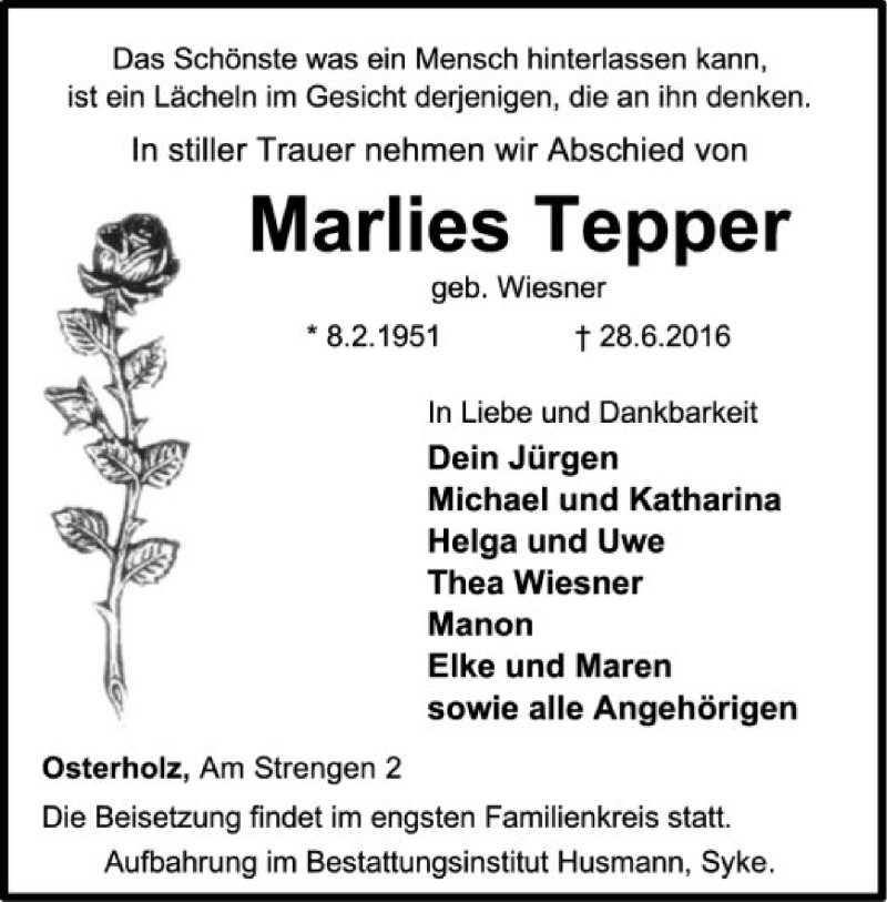  Traueranzeige für Marlies Tepper vom 02.07.2016 aus SYK