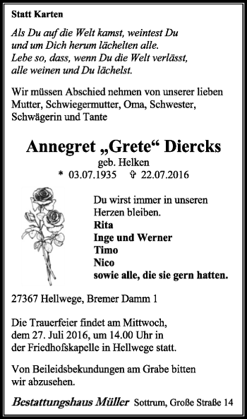 Traueranzeige von Annegret Diercks von SYK