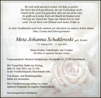 Traueranzeige von Meta Johanna Schaklewski von SYK