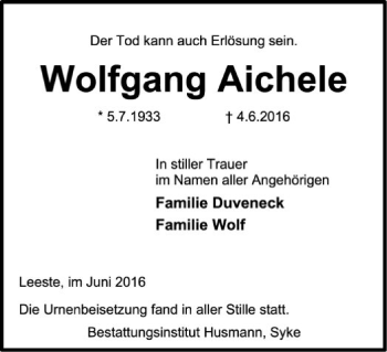 Traueranzeige von Wolfgang Aichele