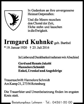 Traueranzeige von Irmgard Kuhnke von SYK