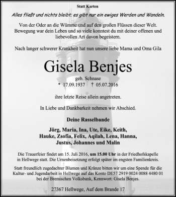 Traueranzeige von Gisela Benjes von SYK