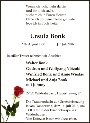 Traueranzeige von Ursula Bonk von SYK