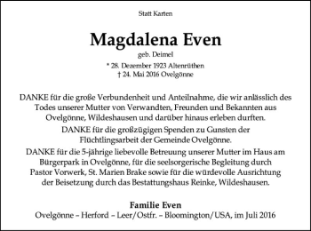 Traueranzeige von Magdalena Even von SYK