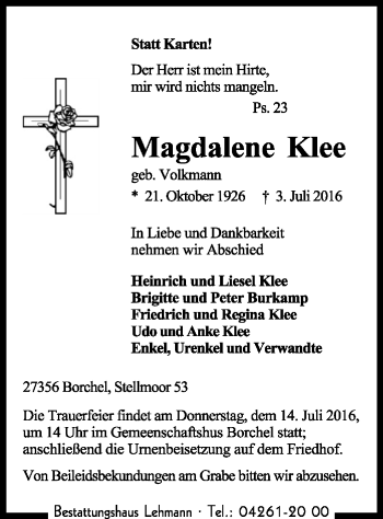 Traueranzeige von Magdalene Klee von SYK