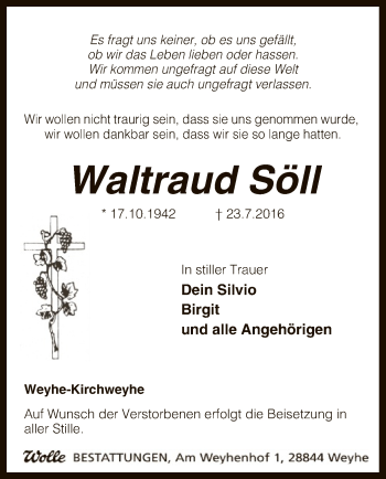 Traueranzeige von Waltraud Söll von SYK