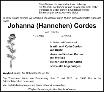 Traueranzeige von Johanna Cordes von SYK