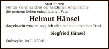 Traueranzeige von Helmut Hänsel von SYK