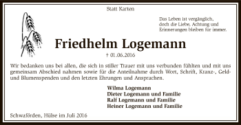 Traueranzeige von Friedhelm Logemann von SYK