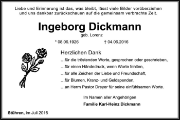 Traueranzeige von Ingeborg Dickmann von SYK