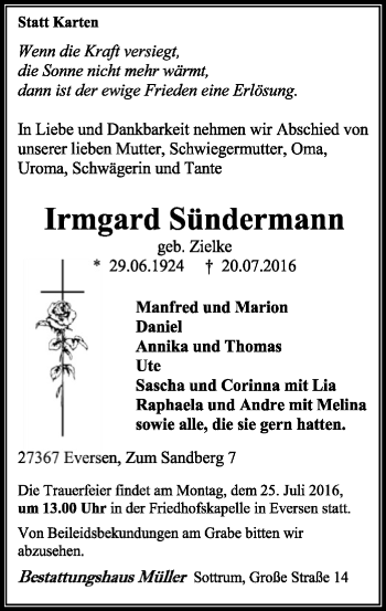 Traueranzeige von Irmgard Sündermann von SYK