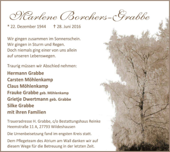 Traueranzeige von Marlene Borchers-Grabbe von SYK