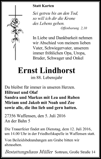 Traueranzeige von Ernst Lindhorst von SYK