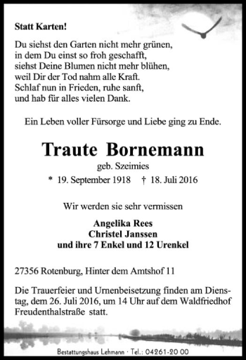 Traueranzeige von Traute Bornemann von SYK