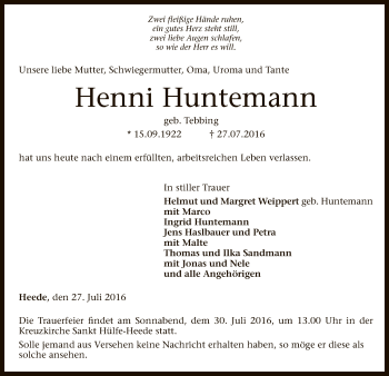 Traueranzeige von Henni Huntemann von SYK