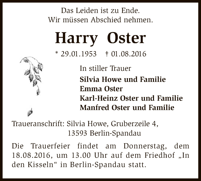  Traueranzeige für Harry Oster vom 06.08.2016 aus SYK