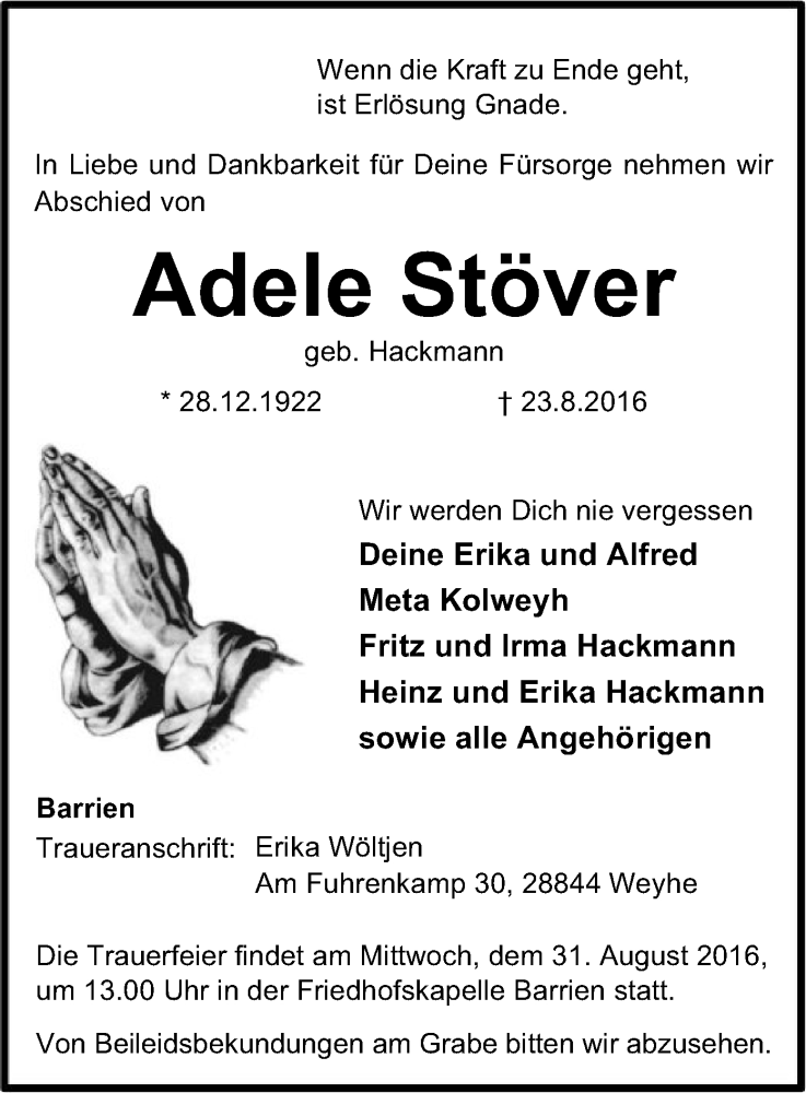  Traueranzeige für Adele Stöver vom 26.08.2016 aus SYK