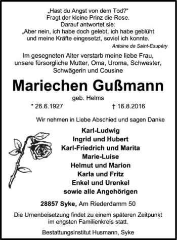 Traueranzeige von Mariechen Gußmann von SYK
