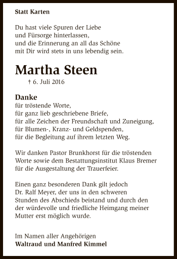 Traueranzeige von Martha Steen von SYK