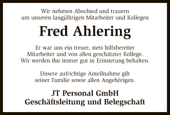 Traueranzeige von Fred Ahlering von SYK