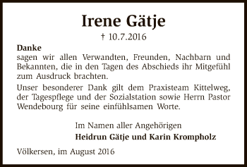 Traueranzeige von Irene Gätje von SYK