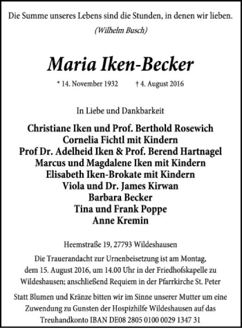 Traueranzeige von Maria Iken-Becker von SYK