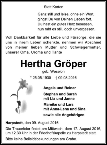 Traueranzeige von Hertha Gröper von SYK