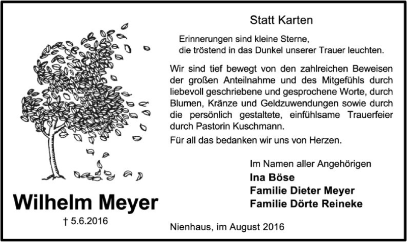  Traueranzeige für Wilhelm Meyer vom 06.08.2016 aus SYK