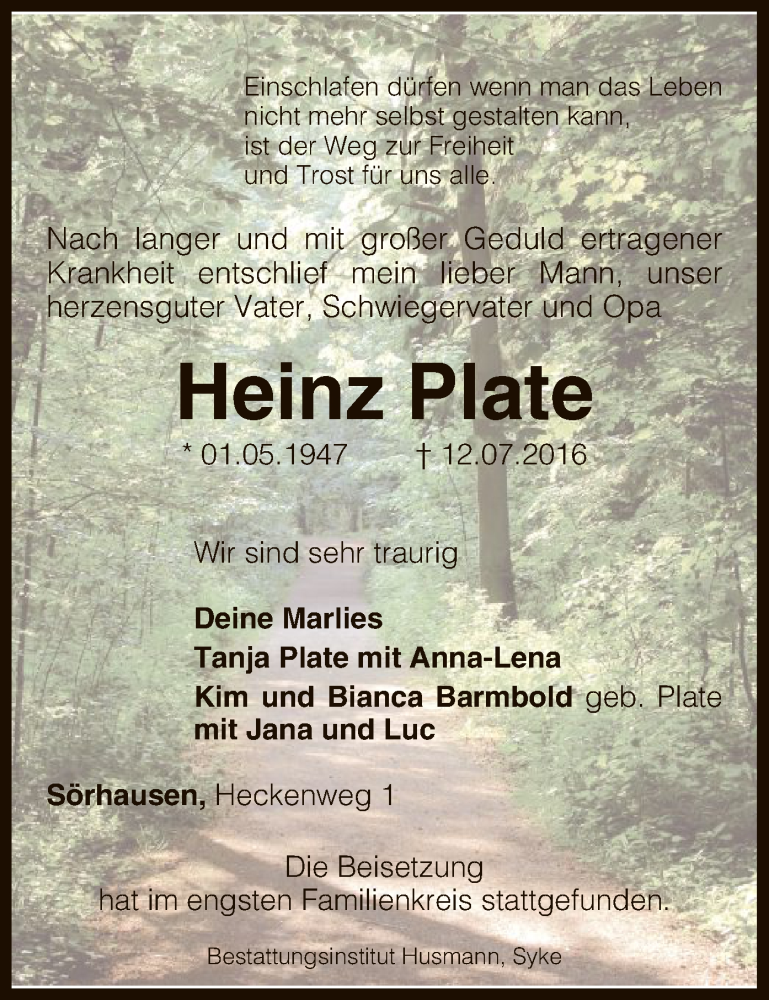  Traueranzeige für Heinz Plate vom 04.08.2016 aus SYK