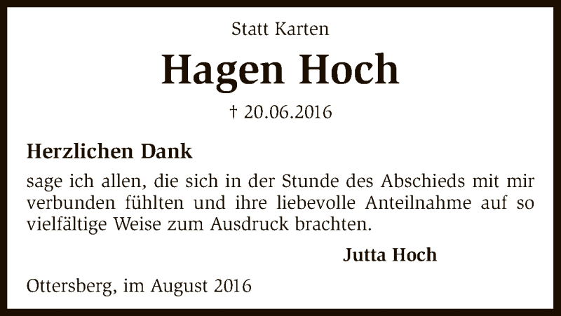  Traueranzeige für Hagen Hoch vom 06.08.2016 aus SYK