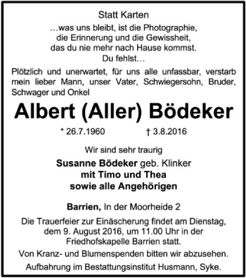 Traueranzeige von Albert Bödeker