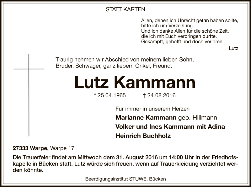  Traueranzeige für Lutz Kammann vom 27.08.2016 aus SYK