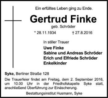 Traueranzeige von Gertrud Finke