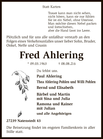 Traueranzeige von Fred Ahlering von SYK