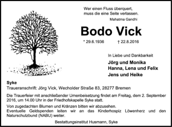 Traueranzeige von Bodo Vick