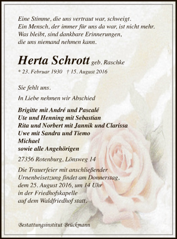 Traueranzeige von Herta Schrott von SYK