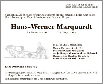 Traueranzeige von Hans-Werner Marquardt von SYK