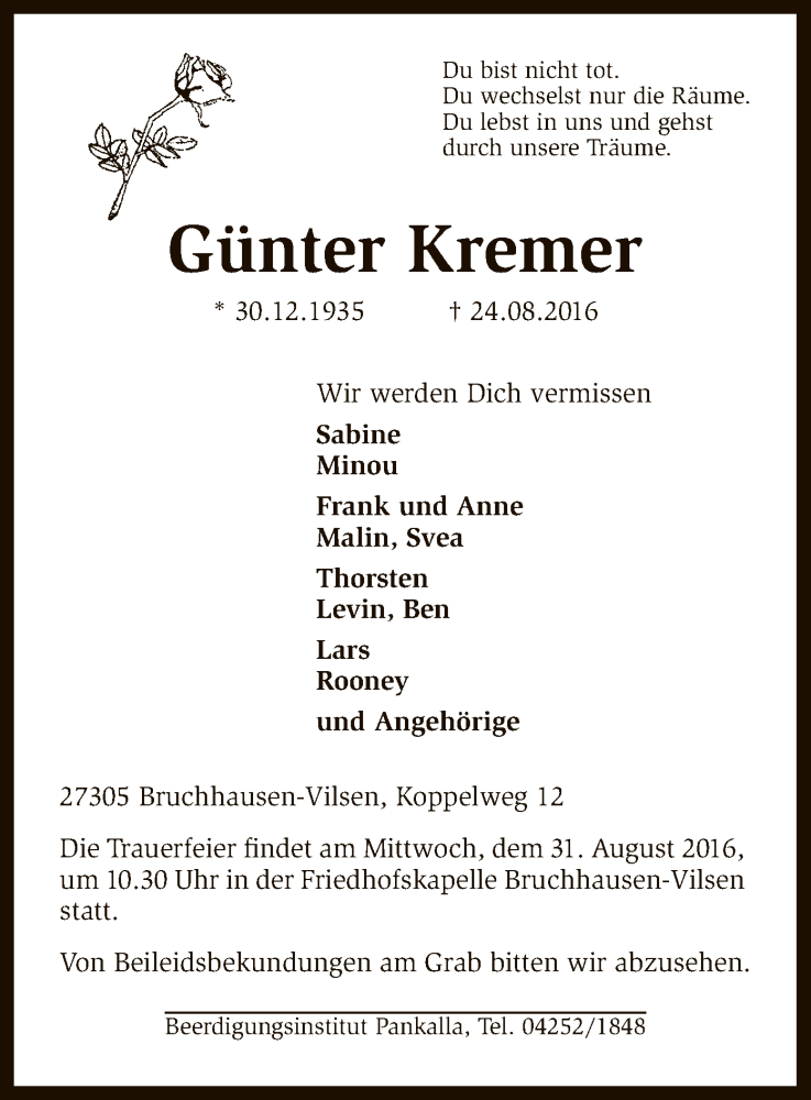  Traueranzeige für Günter Kremer vom 27.08.2016 aus SYK