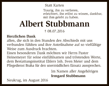 Traueranzeige von Albert Stubbman von SYK