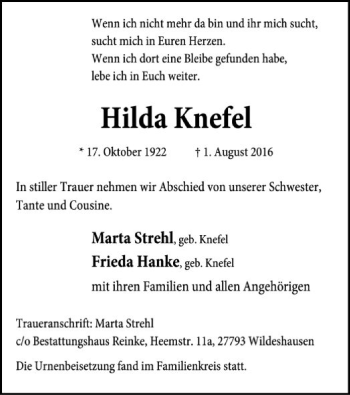 Traueranzeige von Hilda Knefel von SYK