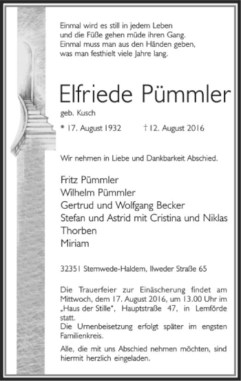 Traueranzeige von Elfriede Pümmler von SYK