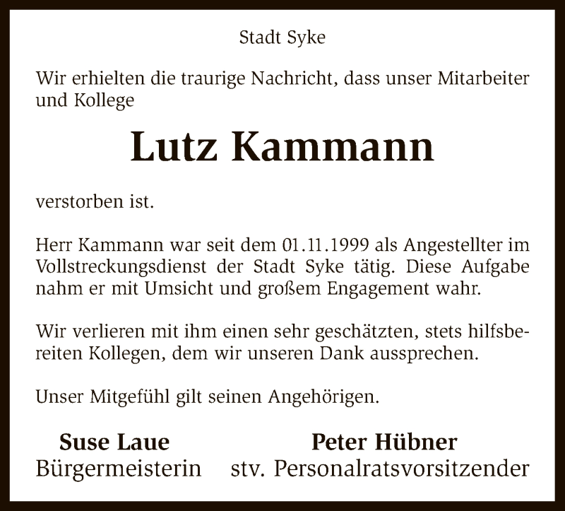  Traueranzeige für Lutz Kammann vom 30.08.2016 aus SYK