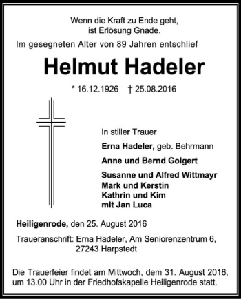 Traueranzeige von Helmut Hadeler von SYK