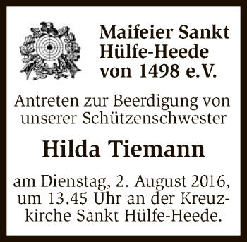 Traueranzeige von Hilda Tiemann von SYK