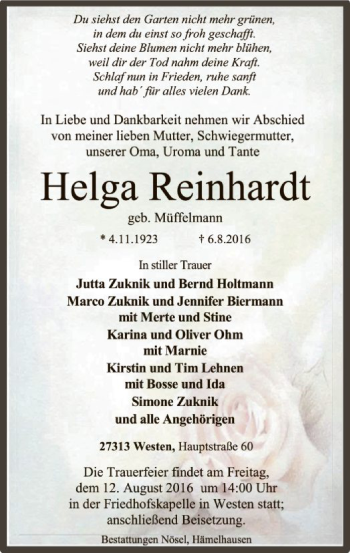 Traueranzeige von Helga Reinhardt von SYK